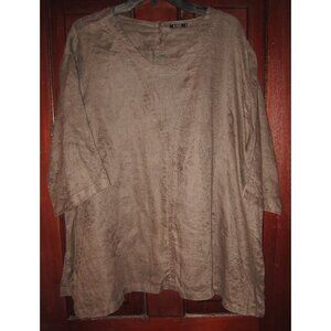VIVID Plus 1X 100% Linen Top Blouse Shirt Floral Embroidered Brown Soft 3/4 Slv